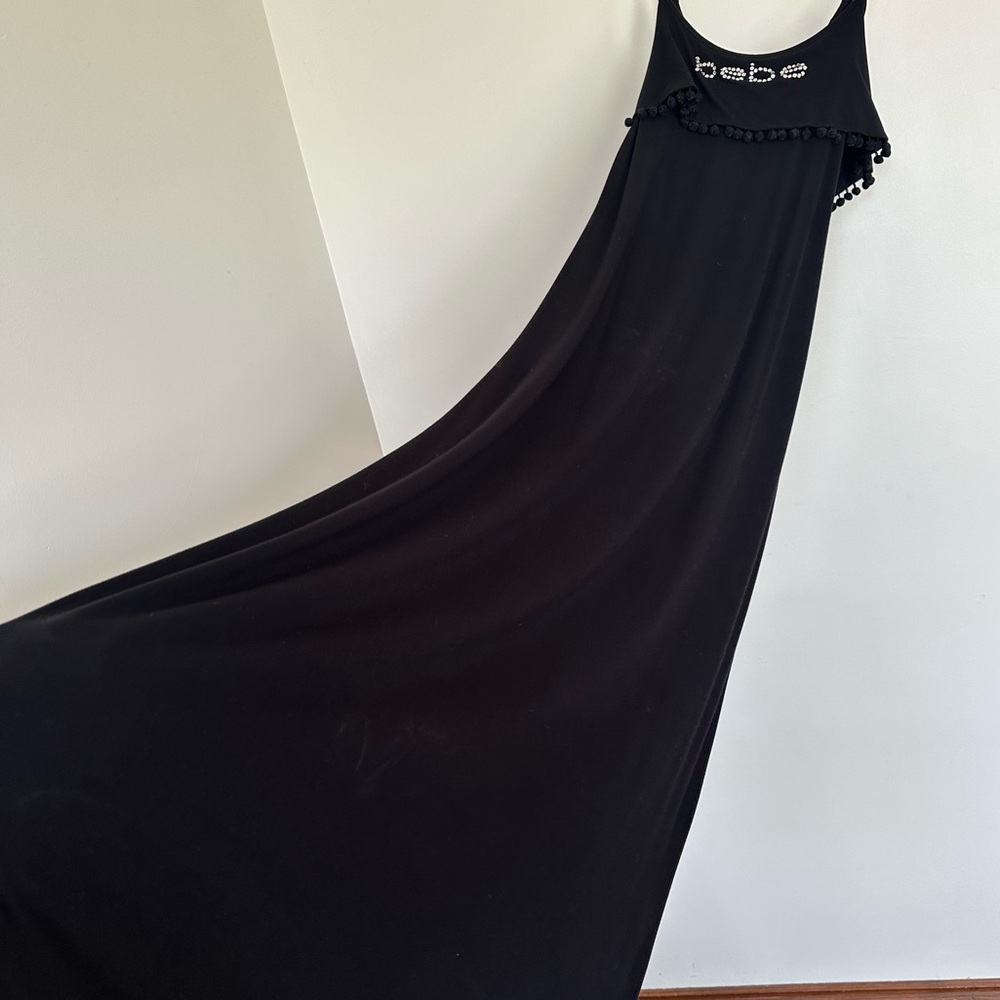 Bebe Rhinestone Logo Maxi Dress Off-Shoulder Pom Pom Trim Size XL Y2K Bling - Picture 3 of 11
